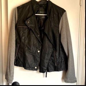 Aeropostale Faux Leather Moto Jacket Gray Fabric Sleeves Motorcycle Biker Large